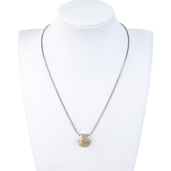 Gold-Tone Hammered Disc Pendant Necklace | Vintage Sterling Silver 925 | 16.5" - Picture 1 of 7